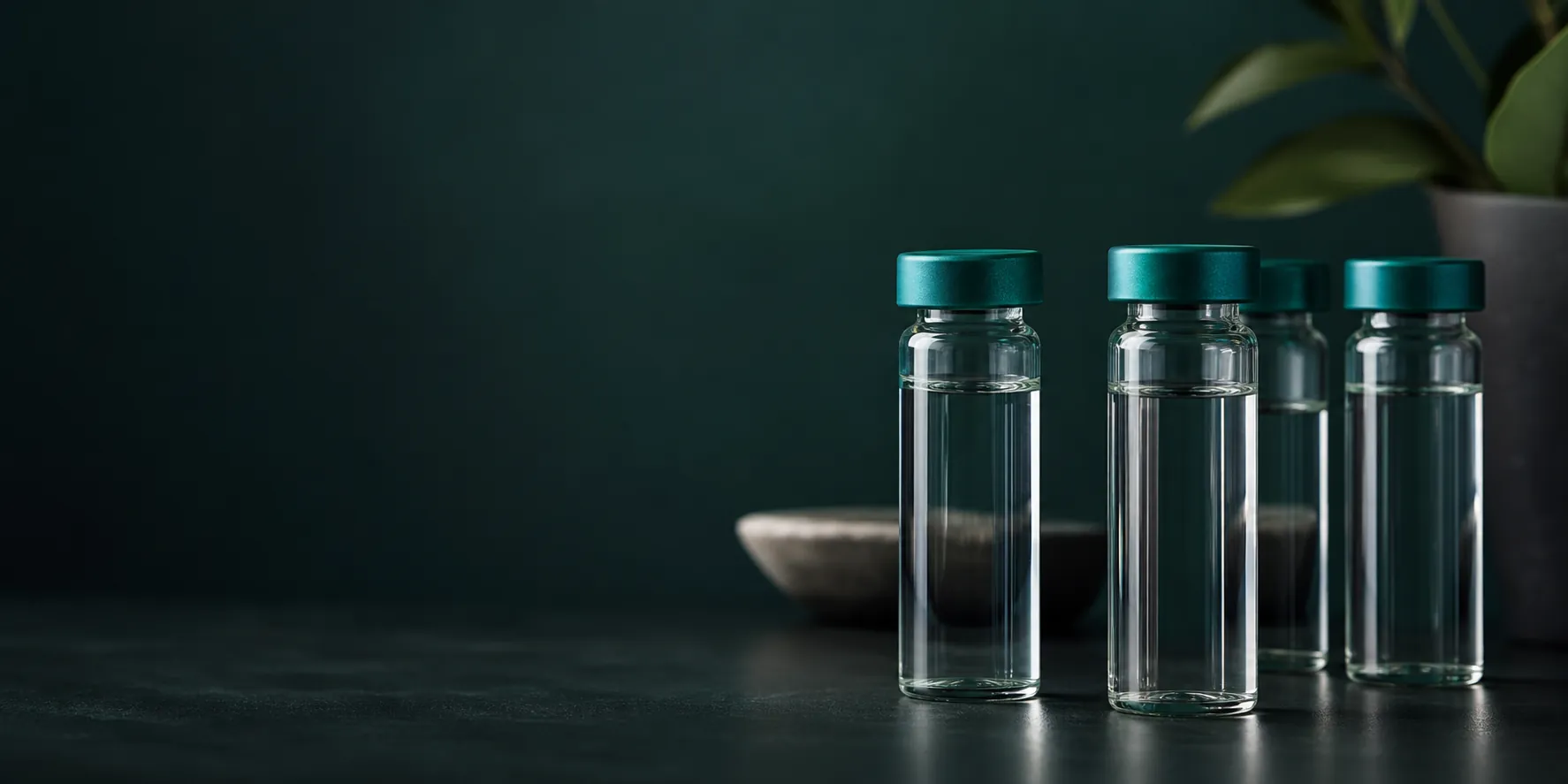 Clear glass sample vials with teal caps resting on a dark surface.